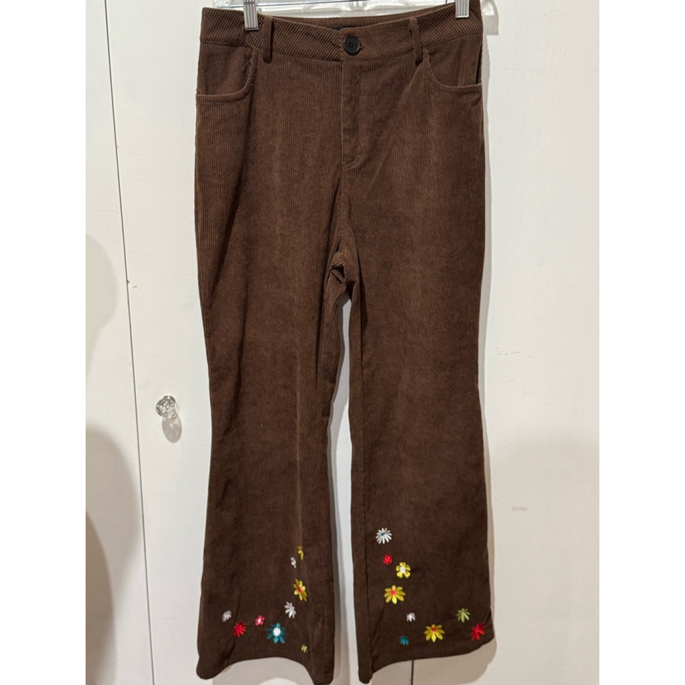 Brown Corduroy Pants with Floral Embroidery